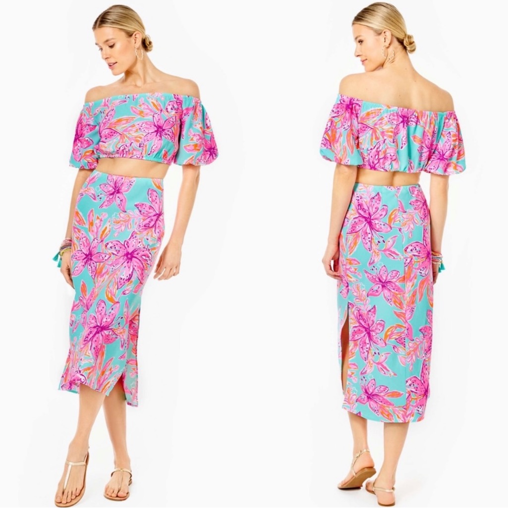 Nwt Lilly Pulitzer Esmeray Midi 2pc Set Puff Sleeve Surf Blue Bonita Blooms M, L